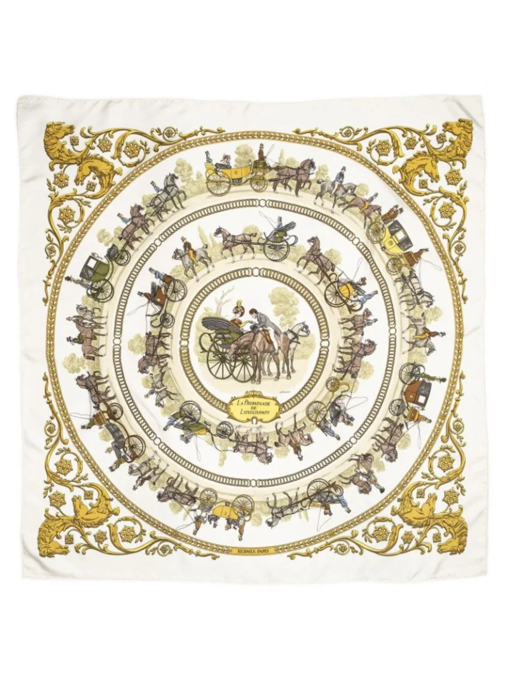 Hermes Scarf Ivory Green Brown Silk